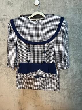 VTG Etoile Skirt Set Size 6 Navy Gingham Peplum Preppy Twee 80s 90s Heritage